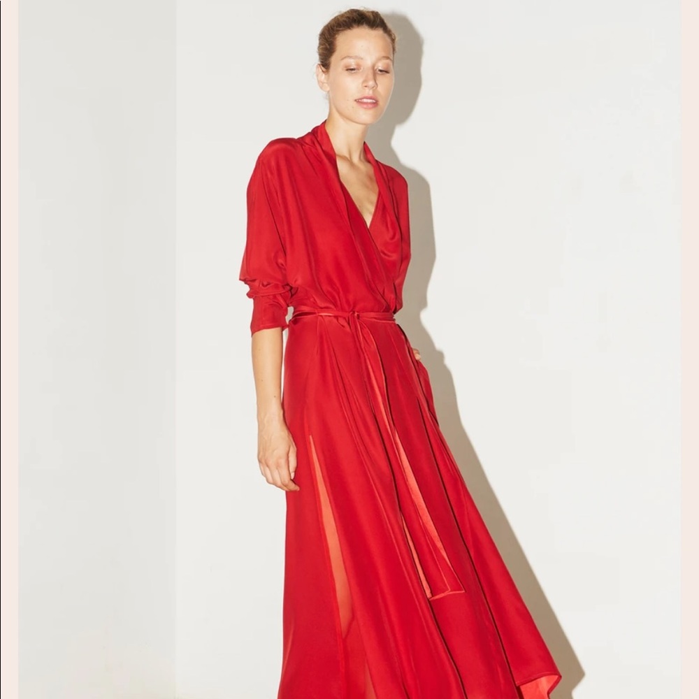 Bright red wrap dress with sheer details!